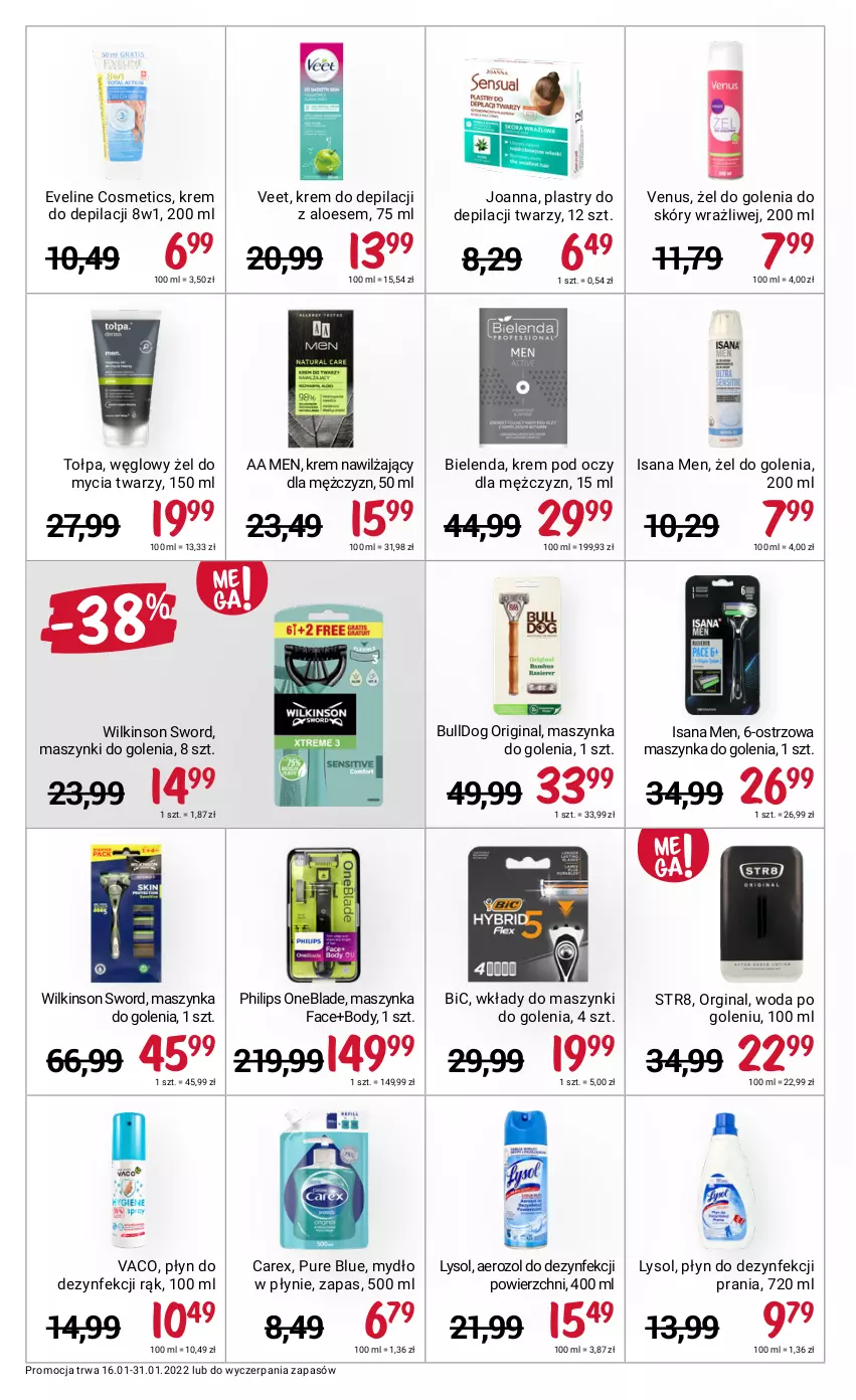 Gazetka promocyjna Rossmann - ważna 16.01 do 31.01.2022 - strona 12 - produkty: BIC, Bielenda, Body, Bulldog, Eveline, Fa, Gin, Isana, Joanna, Krem do depilacji, Krem nawilżający, Krem pod oczy, Lysol, Maszynka, Maszynka do golenia, Mydło, Mydło w płynie, Philips, Philips OneBlade, Plastry do depilacji, Pur, Str8, Szynka, Tołpa, Veet, Venus, Wilkinson Sword, Woda, Woda po goleniu