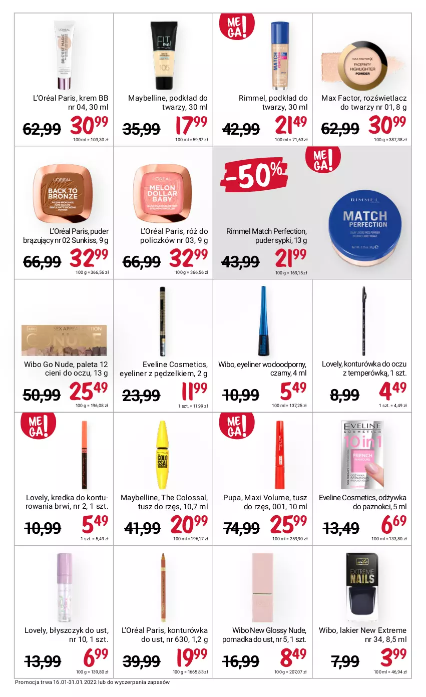 Gazetka promocyjna Rossmann - ważna 16.01 do 31.01.2022 - strona 9 - produkty: Bell, Błyszczyk do ust, Eveline, Fa, Konturówka do oczu, Konturówka do ust, Kredka, Krem bb, L’Oréal, Lakier, Lovely, Max Factor, Maybelline, Odżywka, Paleta, Podkład, Podkład do twarzy, Por, Puder, Pupa, Róż do policzków, Rozświetlacz, Tusz, Wibo