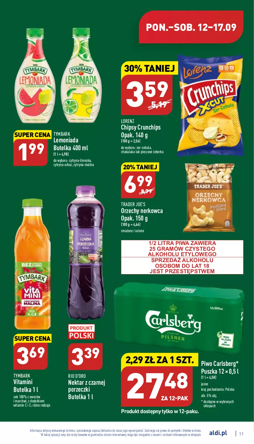 Gazetka promocyjna Aldi - Pełny katalog - ważna 12.09 do 17.09.2022 - strona 11 - produkty: Arbuz, Carlsberg, Cebula, Chipsy, Crunchips, Gra, Lemoniada, Limonka, Lorenz, Nektar, Piec, Piwa, Piwo, Por, Ser, Sok, Tymbark