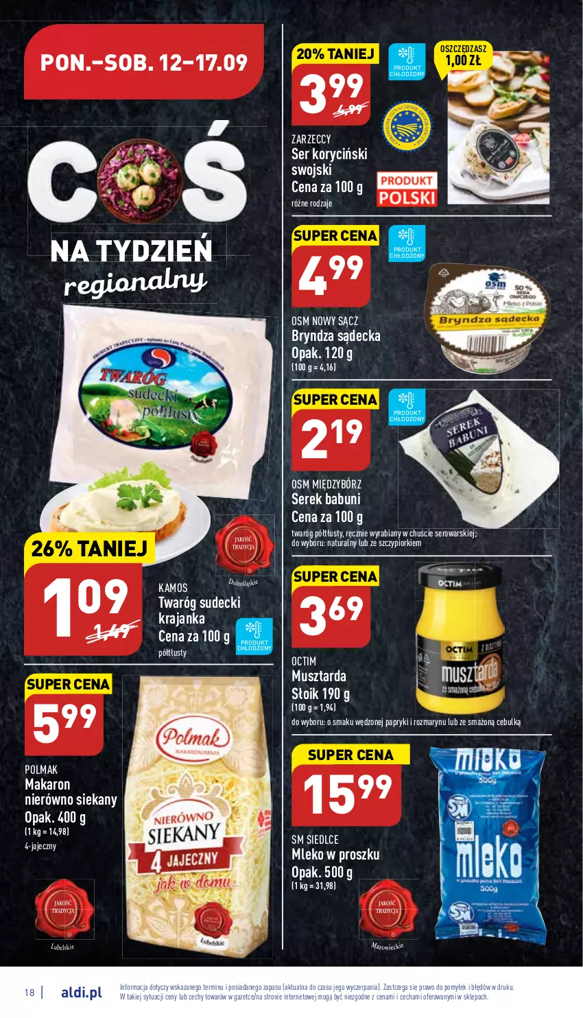 Gazetka promocyjna Aldi - Pełny katalog - ważna 12.09 do 17.09.2022 - strona 18 - produkty: Babuni, Bryndza, KaMos, Makaron, Mleko, Mleko w proszku, Mus, Musztarda, Olma, Ser, Serek, Serek babuni, Twaróg, Twaróg półtłusty