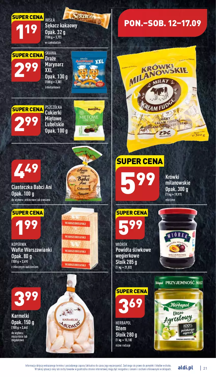 Gazetka promocyjna Aldi - Pełny katalog - ważna 12.09 do 17.09.2022 - strona 21 - produkty: Cukier, Cukierki, Dżem, Herbapol, Kakao, Kawa, Sękacz, Wafle