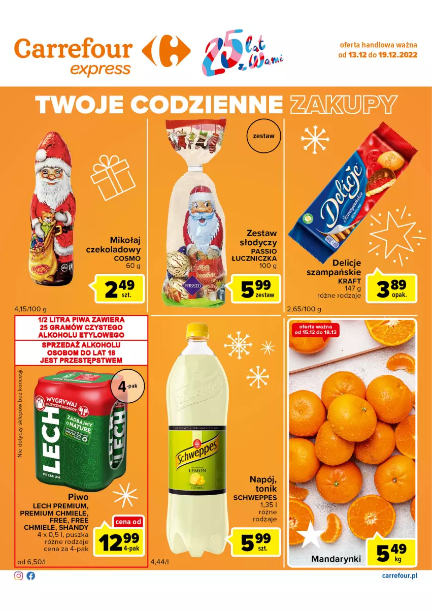 Gazetka promocyjna Carrefour - Gazetka Express - ważna 13.12 do 19.12.2022 - strona 2 - produkty: Lech Premium, Mandarynki, Napój, Piwo, Schweppes, Tonik, Znicz