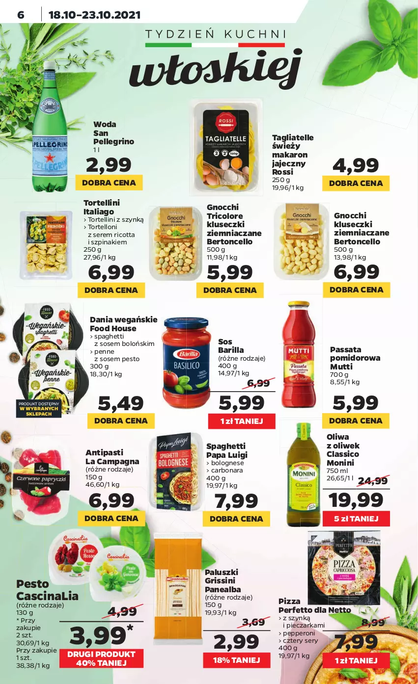 Gazetka promocyjna Netto - Gazetka spożywcza - ważna 18.10 do 23.10.2021 - strona 6 - produkty: Barilla, Gnocchi, Grissini, Makaron, Monini, Oliwa z oliwek, Penne, Pesto, Piec, Pieczarka, Pizza, Ricotta, Ser, Sos, Spaghetti, Szpinak, Tagliatelle, Tortelloni, Woda