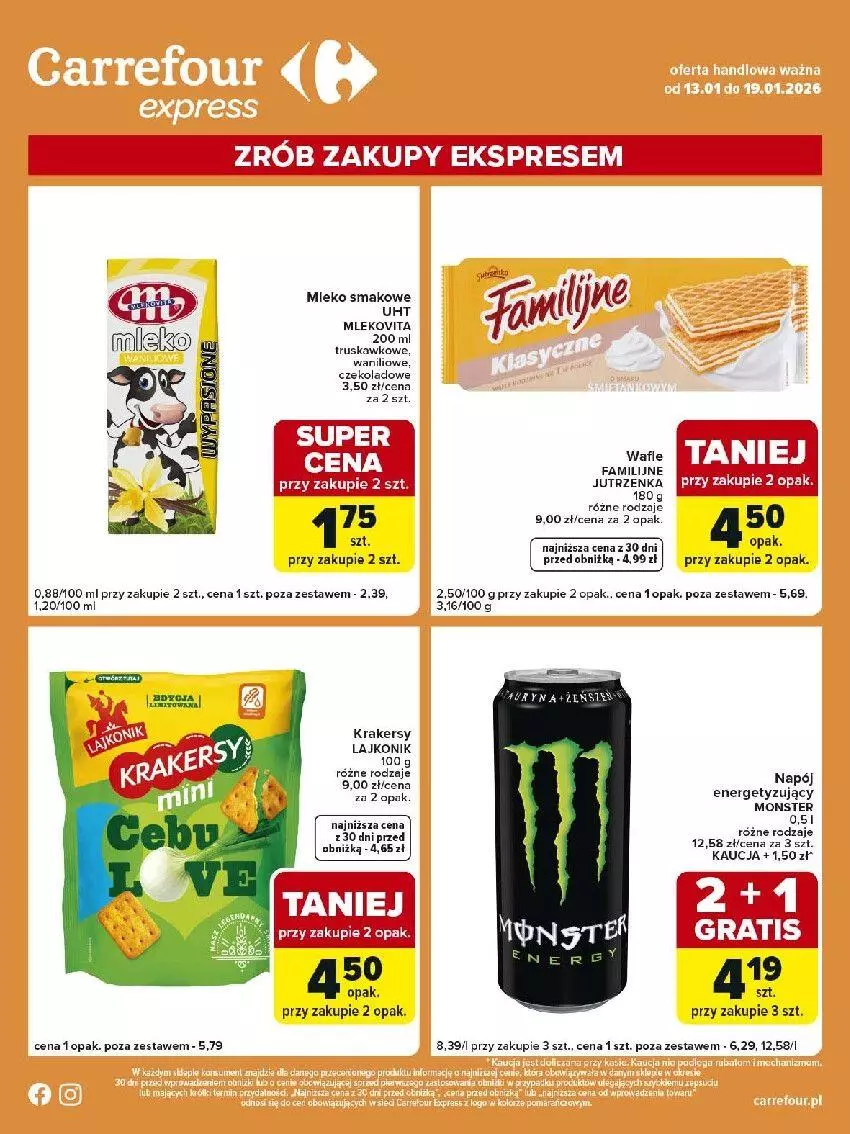 Gazetka promocyjna Carrefour - Gazetka Express - ważna 13.01 do 19.01.2026 - strona 2 - produkty: Fa, Jutrzenka, Krakersy, Lajkonik, Napój, Wafle
