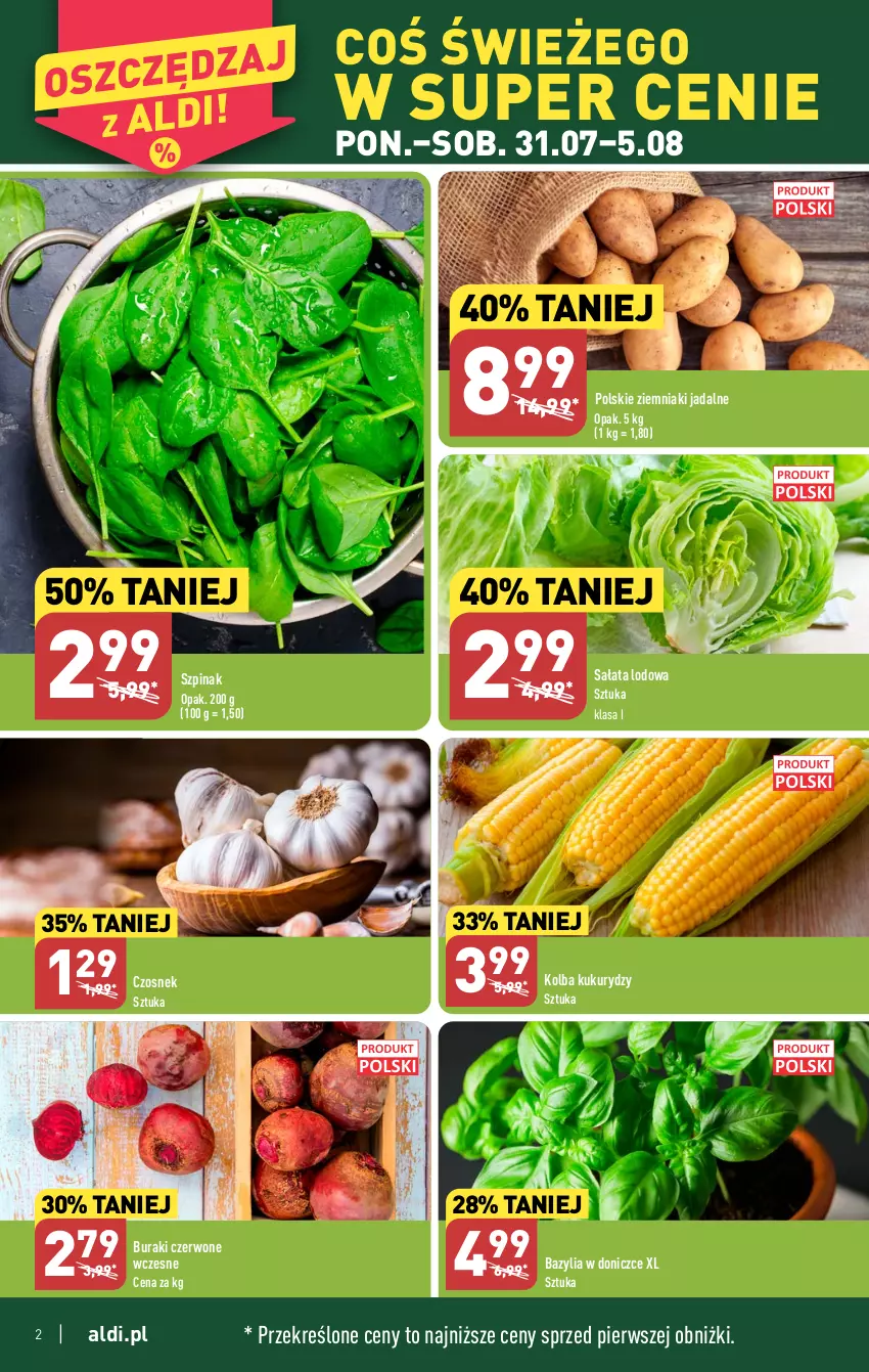 Gazetka promocyjna Aldi - Pełna oferta - ważna 31.07 do 05.08.2023 - strona 2 - produkty: Bazyl, Bazylia, Buraki, Czosnek, Sałat, Sałata lodowa, Szpinak, Ziemniaki