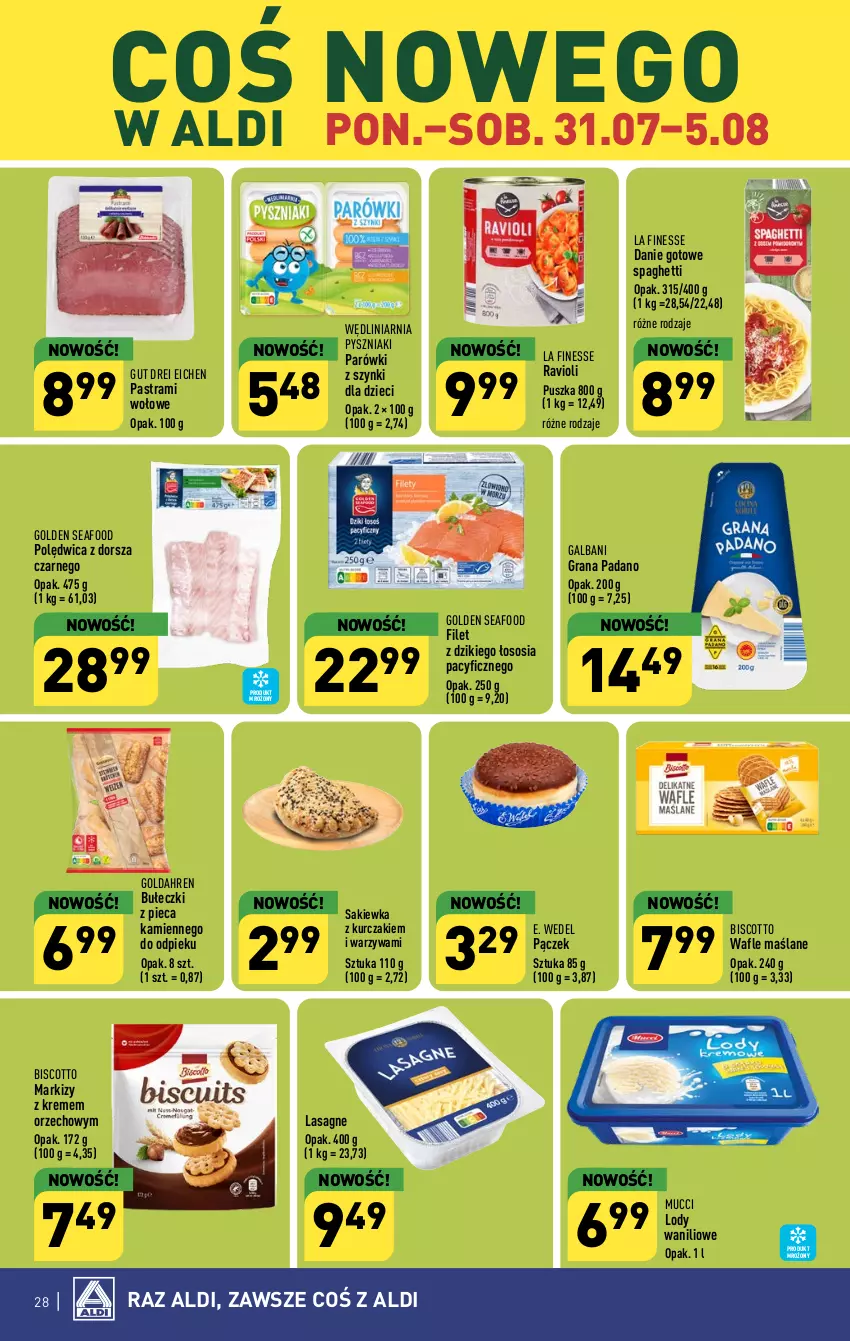 Gazetka promocyjna Aldi - Pełna oferta - ważna 31.07 do 05.08.2023 - strona 28 - produkty: Bułeczki, Danie gotowe, Dorsz, Dzieci, E. Wedel, Galbani, Golden Seafood, Gra, Kurczak, Lasagne, Lody, Pączek, Parówki, Parówki z szynki, Piec, Polędwica, Sos, Spaghetti, Wafle, Warzywa