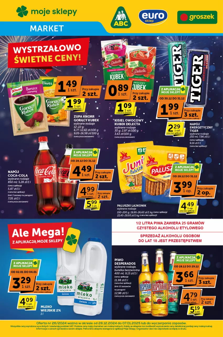 Gazetka promocyjna ABC - ważna 28.12.2024 do 07.01.2025 - strona 1 - produkty: Coca-Cola, Delecta, Desperados, Gra, Knorr, Kubek, Lajkonik, Mleko, Napój, Piwa, Piwo, Tiger, Zupa