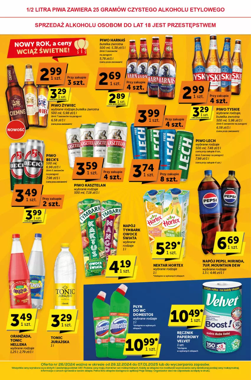 Gazetka promocyjna ABC - ważna 28.12.2024 do 07.01.2025 - strona 4 - produkty: 7up, Domestos, Gra, Harnaś, Hellena, Hortex, Kasztelan, Mirinda, Napój, Nektar, Owoce, Papier, Pepsi, Piwo, Płyn do wc, Ręcznik, Stojak, Tymbark, Tyskie, Velvet