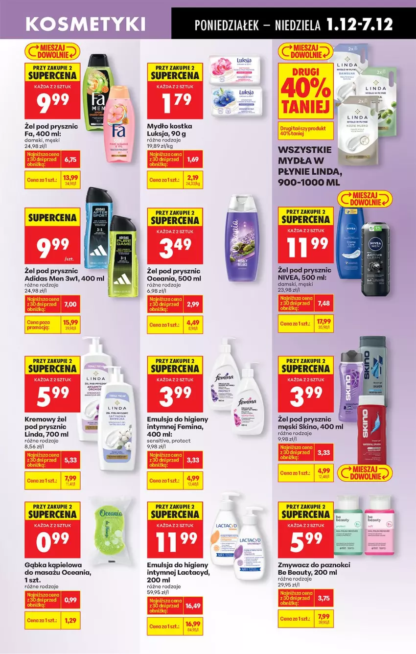 Gazetka promocyjna Biedronka - Od Poniedziałku - ważna 01.12 do 06.12.2025 - strona 71 - produkty: Adidas, Be Be, Emulsja, Fa, Lactacyd, Luksja, Mydło, Nivea, Zmywacz do paznokci
