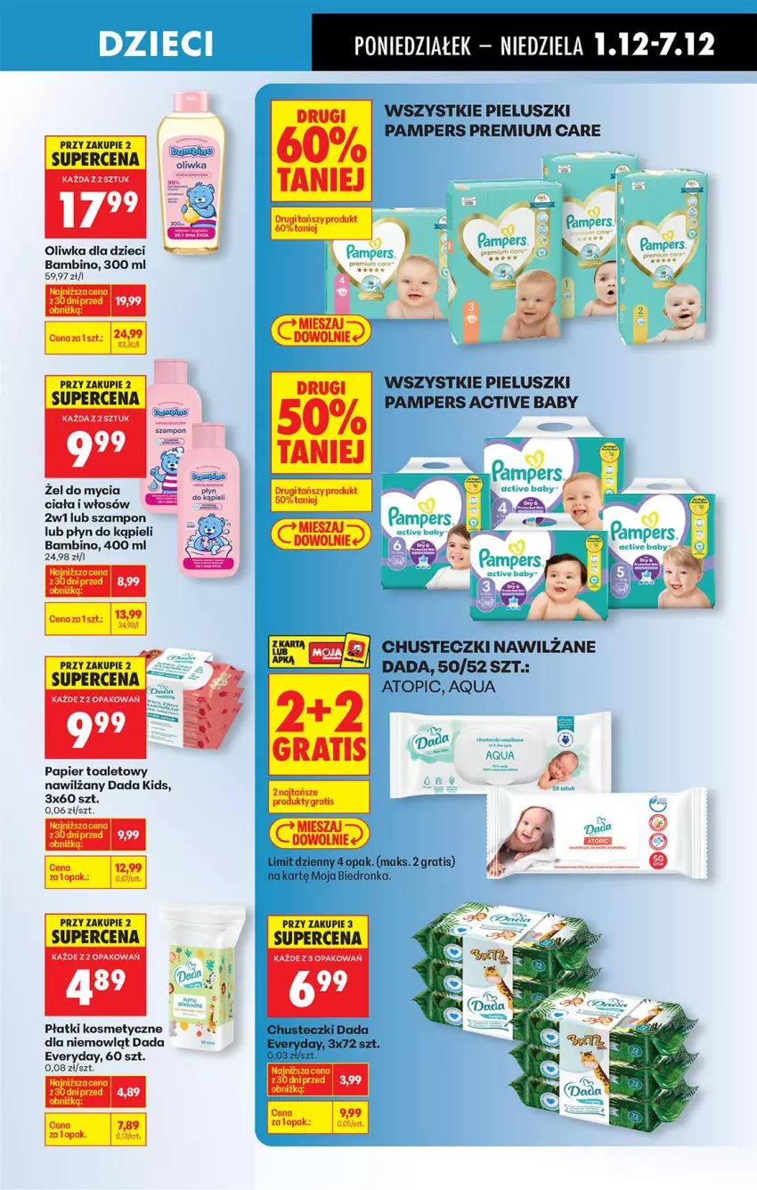 Gazetka promocyjna Biedronka - Od Poniedziałku - ważna 01.12 do 06.12.2025 - strona 77 - produkty: Chusteczki, Dada, Dzieci, Fa, Gra, Gry, Oliwka dla dzieci, Pampers, Papier, Papier toaletowy, Płatki kosmetyczne, Płyn do kąpieli, Ryż, Szampon, Top