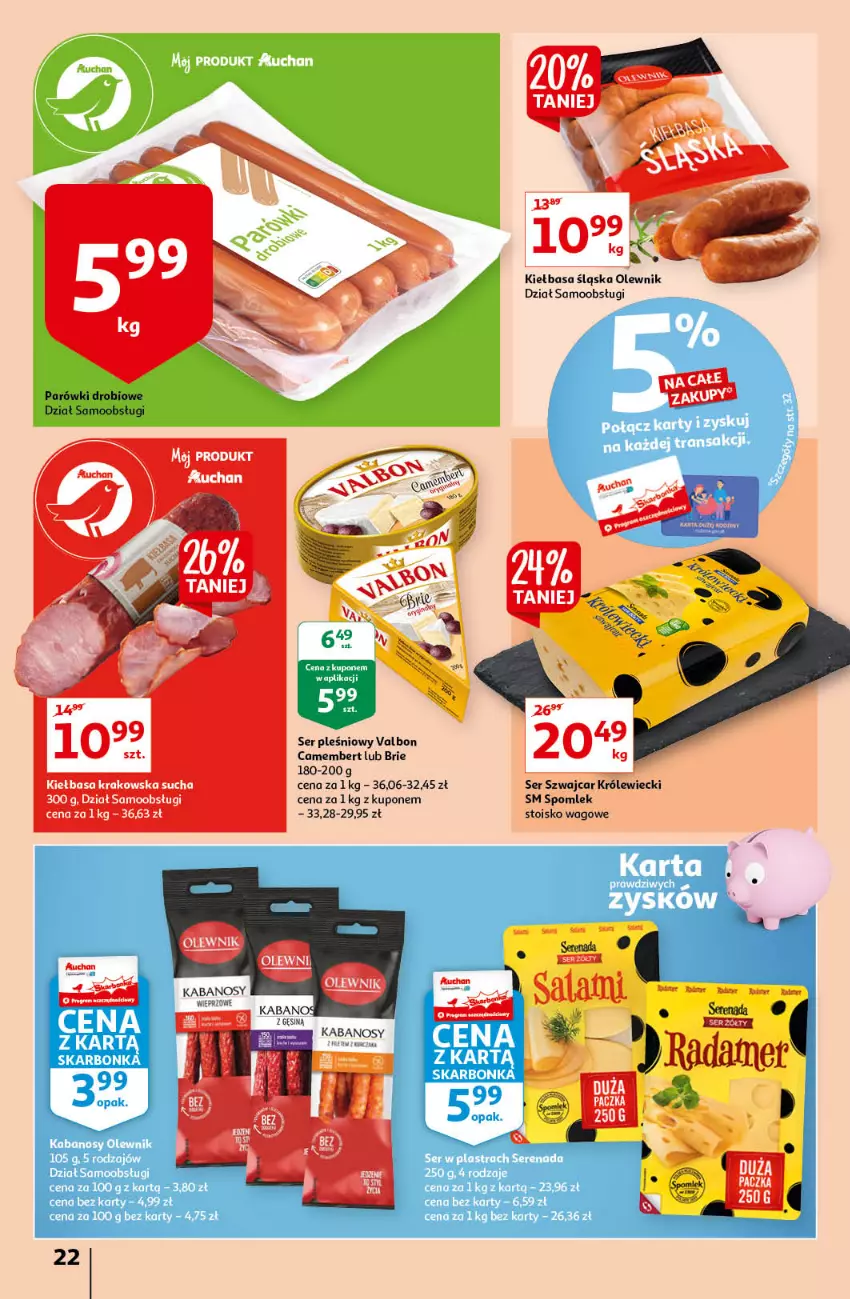 Gazetka promocyjna Auchan - Letnie przyjemności Hipermarkety - ważna 04.06 do 09.06.2021 - strona 22 - produkty: Brie, Camembert, Kiełbasa, Kiełbasa krakowska, Kiełbasa śląska, Olewnik, Parówki, Ser, Ser pleśniowy