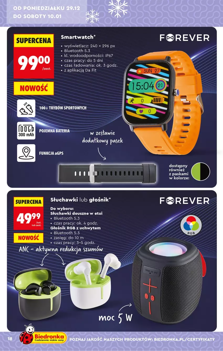 Gazetka promocyjna Biedronka - Okazje Tygodnia - ważna 29.12.2025 do 10.01.2026 - strona 22 - produkty: Głośnik, Pasek, Por, Słuchawki, Smartwatch