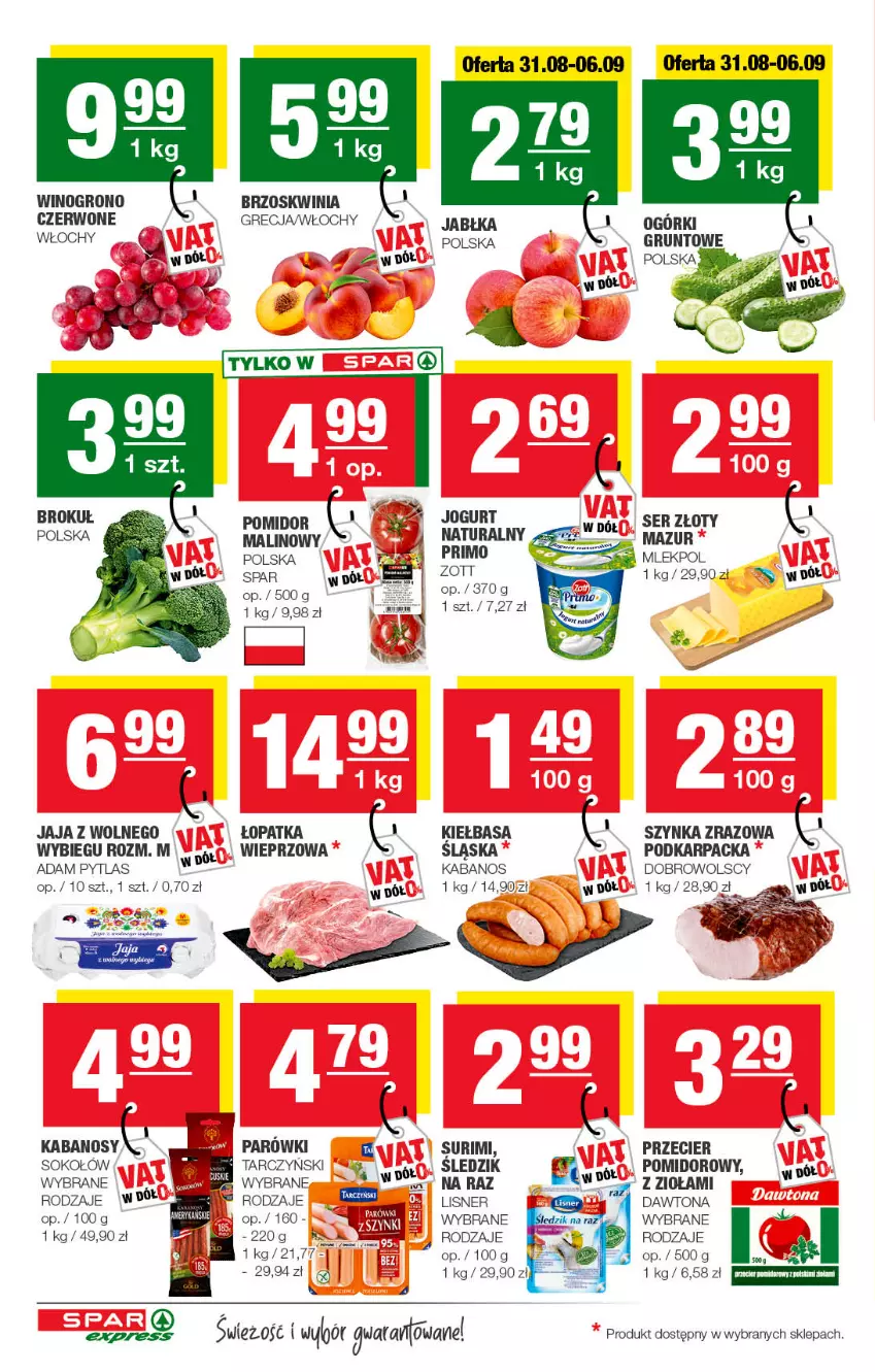 Gazetka promocyjna Spar - SparExpress - ważna 28.08 do 07.09.2022 - strona 2 - produkty: Dawtona, Grunt, Jabłka, Jaja, Jogurt, Kabanos, Karp, Kiełbasa, Parówki, Ser, Sok, Sokołów, Surimi, Szynka, Tarczyński, Wino, Zott