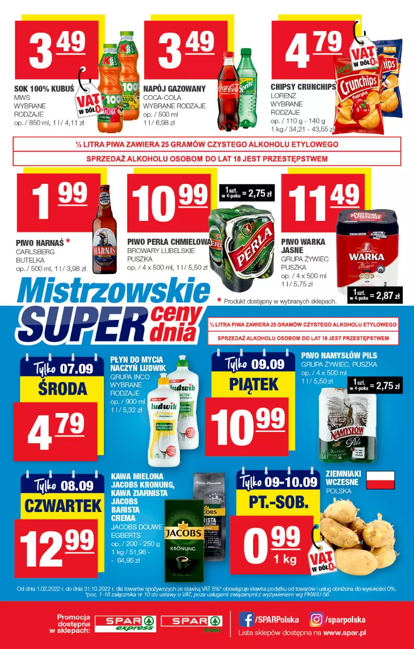 Gazetka promocyjna Spar - SparExpress - ważna 28.08 do 07.09.2022 - strona 4 - produkty: Carlsberg, Chipsy, Coca-Cola, Crunchips, Harnaś, Jacobs, Kubuś, LG, Lorenz, Napój, Napój gazowany, Perła, Piwo, Sok, Warka