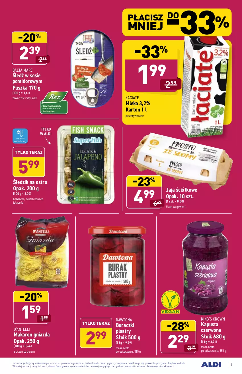 Gazetka promocyjna Aldi - PROMOCJE NA WEEKEND - ważna 15.07 do 17.07.2021 - strona 3 - produkty: Balta Mare, Buraczki, Dawtona, Jaja, King’s Crown, Makaron, Mleko, Rum, Sos, Tera