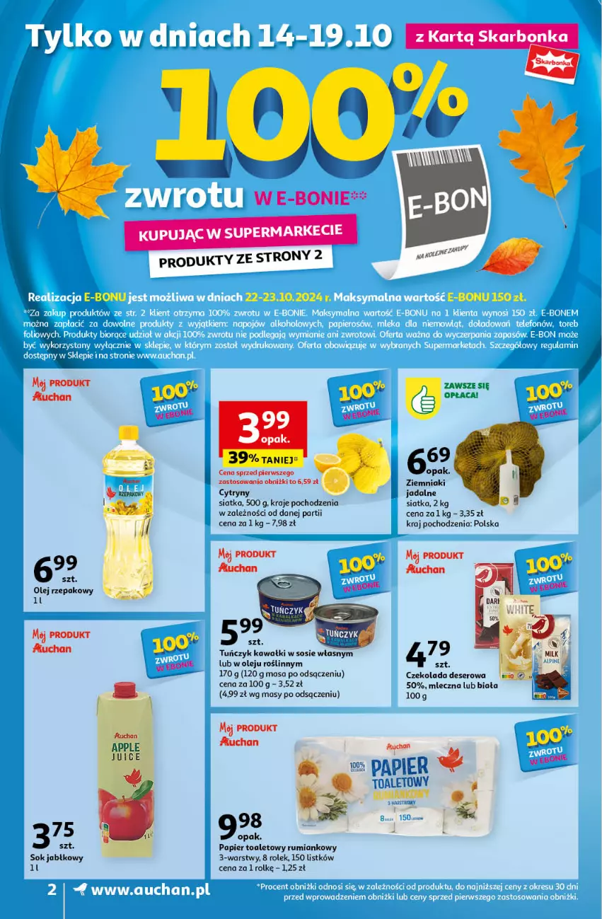 Gazetka promocyjna Auchan - Pewność Niskich Cen Supermarket - ważna 10.10 do 16.10.2024 - strona 2 - produkty: Cytryny, Czekolada, Deser, Kawa, Olej, Olej rzepakowy, Papier, Papier toaletowy, Rum, Ser, Siatka, Sok, Sok jabłkowy, Sos, Tuńczyk, Ziemniaki