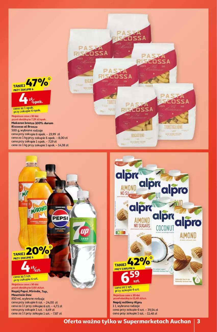 Gazetka promocyjna Auchan - Pewność Niskich Cen Supermarket - ważna 10.10 do 16.10.2024 - strona 3 - produkty: 7up, Alpro, Makaron, Mirinda, Napój, Napój roślinny, Pepsi, Rum