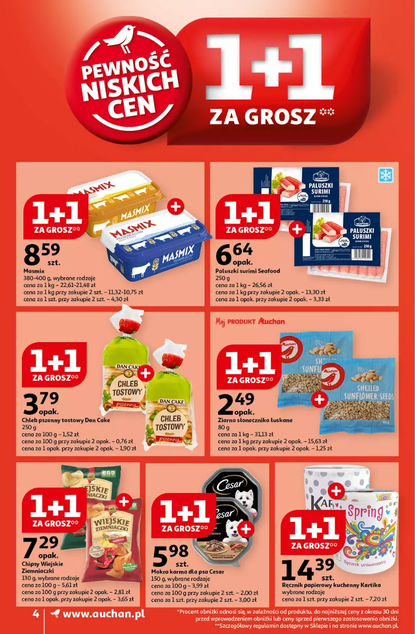 Gazetka promocyjna Auchan - Pewność Niskich Cen Supermarket - ważna 10.10 do 16.10.2024 - strona 4 - produkty: Chipsy, Chleb, Dan Cake, Mokra karma, Papier, Ręcznik, Surimi