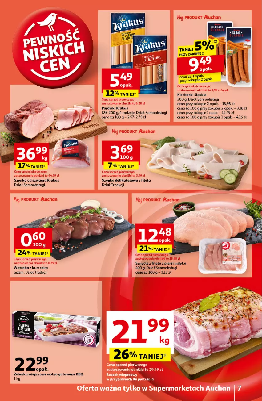 Gazetka promocyjna Auchan - Pewność Niskich Cen Supermarket - ważna 10.10 do 16.10.2024 - strona 7 - produkty: Gra, Kiełbaski śląskie, Krakus, Kurczak, Parówki, Szynka, Szynka delikatesowa