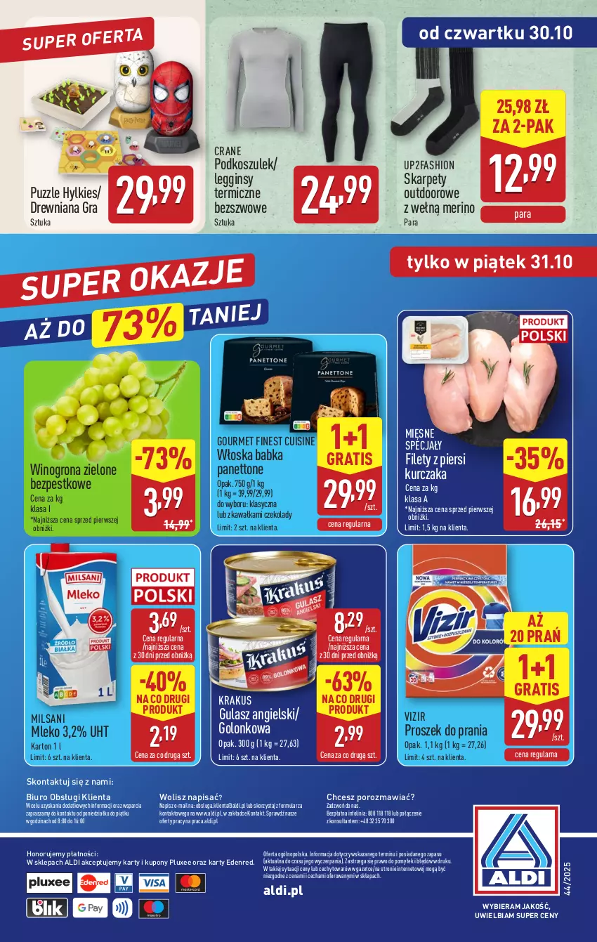 Gazetka promocyjna Aldi - Oferta weekendowa - ważna 29.10 do 31.10.2025 - strona 10 - produkty: Babka, Biuro, Fa, Gin, Gra, Karp, Kawa, Kosz, Krakus, Kurczak, Legginsy, Mięsne specjały, Mleko, O nas, Podkoszulek, Por, Proszek do prania, Puzzle, Vizir, Wino, Winogrona