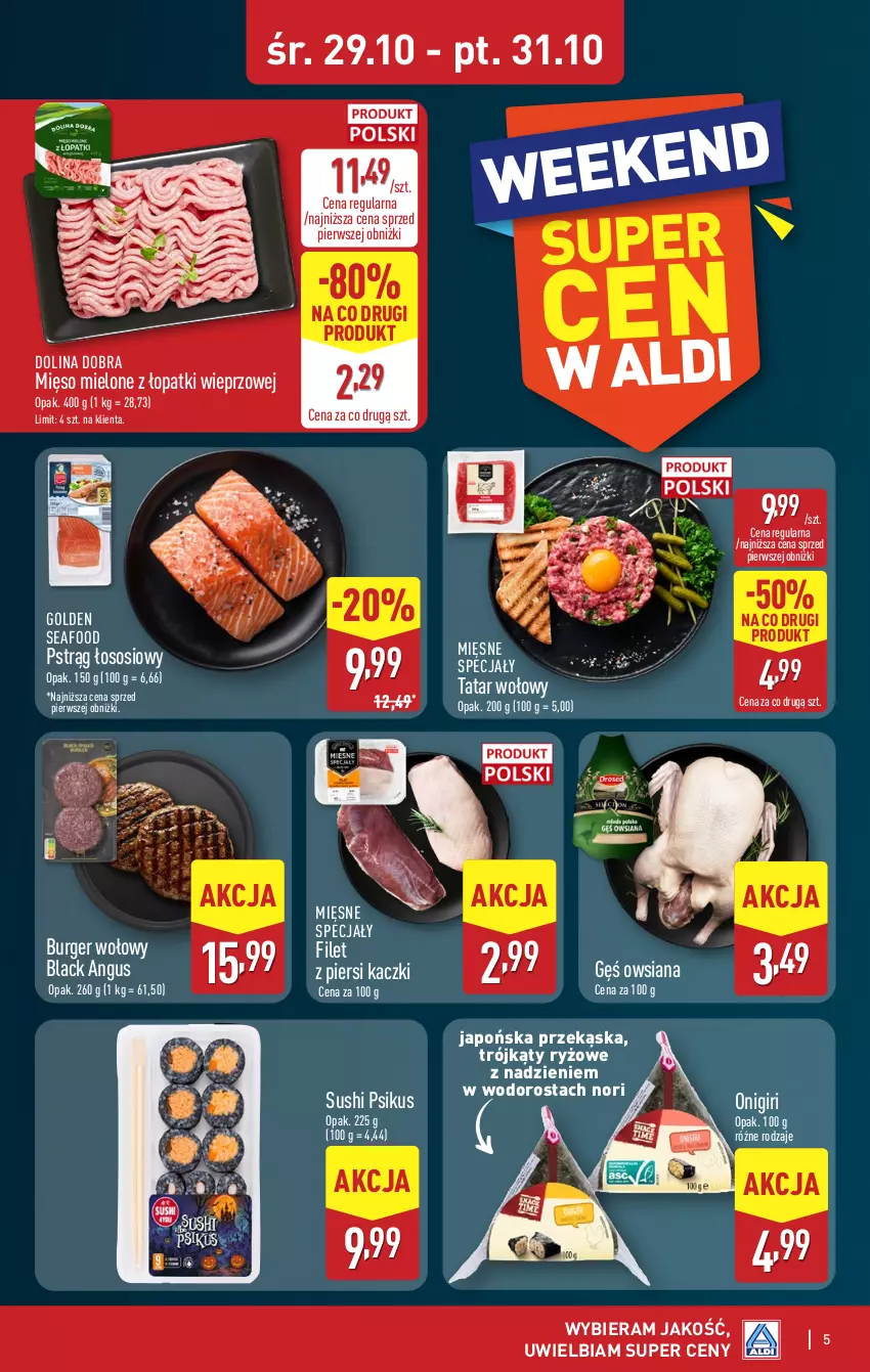 Gazetka promocyjna Aldi - Oferta weekendowa - ważna 29.10 do 31.10.2025 - strona 5 - produkty: Burger, Filet z piersi kaczki, Gęś owsiana, Golden Seafood, Lack, Mięsne specjały, Mięso, Mięso mielone, Mięso mielone z łopatki wieprzowej, Pstrąg, Pstrąg łososiowy, Ryż, Sos, Sushi, Tatar wołowy