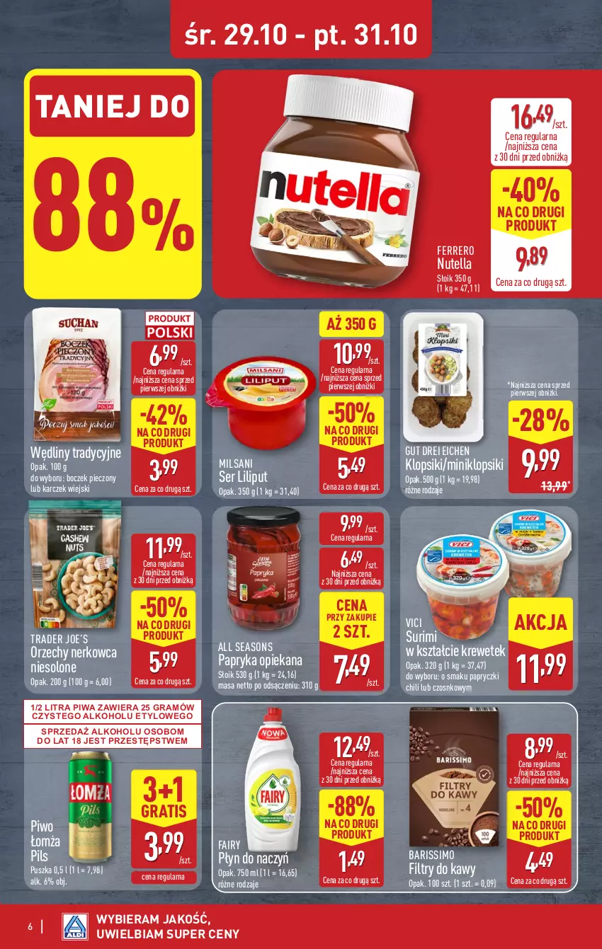 Gazetka promocyjna Aldi - Oferta weekendowa - ważna 29.10 do 31.10.2025 - strona 6 - produkty: All Seasons, Boczek, Boczek pieczony, Fa, Fairy, Ferrero, Gra, Klopsiki, Nutella, Papryka, Piec, Piwa, Piwo, Ser, Surimi