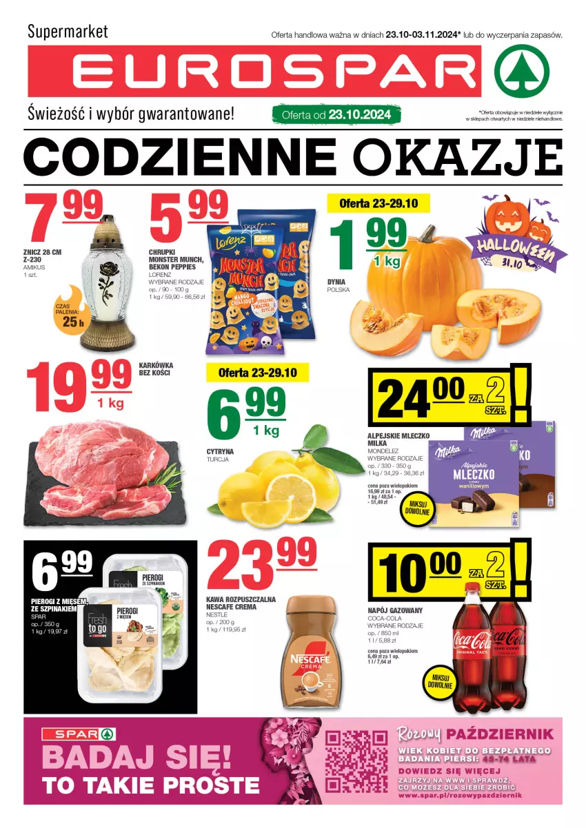 Gazetka promocyjna Spar - EuroSpar - ważna 21.10 do 31.10.2024 - strona 1 - produkty: Beko, Chrupki, Coca-Cola, Kawa, Kawa rozpuszczalna, Lorenz, Milka, Mleczko, Monster Munch, Napój, Napój gazowany, Pierogi, Por, Sok, Szpinak, Znicz