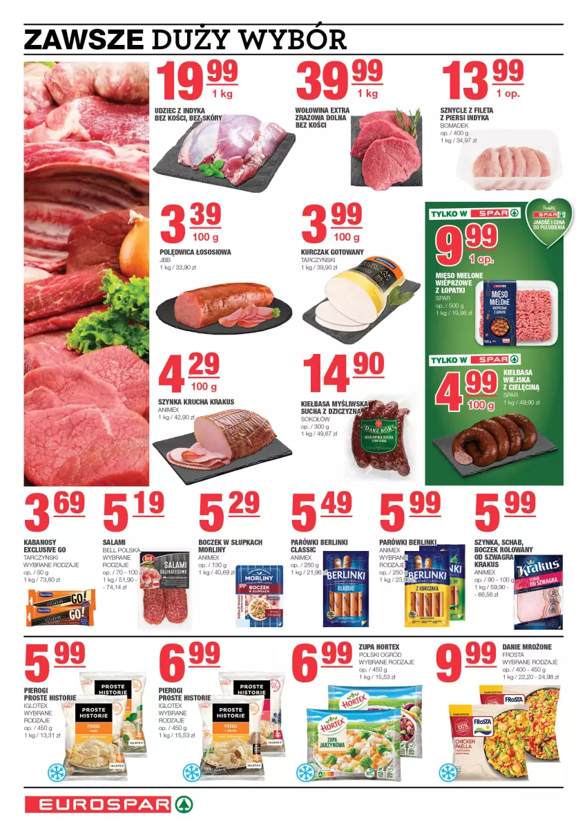 Gazetka promocyjna Spar - EuroSpar - ważna 21.10 do 31.10.2024 - strona 4 - produkty: Bell, Berlinki, Boczek, Frosta, Gra, Hortex, Kabanos, Kiełbasa, Krakus, Kurczak, Kurczak gotowany, Morliny, Parówki, Pierogi, Polędwica, Salami, Sos, Szynka, Udziec z indyka, Wołowina, Zupa