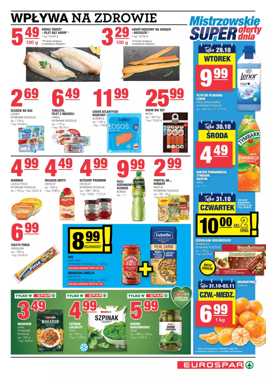 Gazetka promocyjna Spar - EuroSpar - ważna 21.10 do 31.10.2024 - strona 5 - produkty: Czekolada, Dorsz, Filet z makreli, Gra, Graal, Hummus, Kawa, Ketchup, Kurczak, Lisner, Mus, Nektar, Olej, Płyn do płukania, Ser, Suempol, Sushi, Tuńczyk, Tymbark, Winiary, Zdrowie