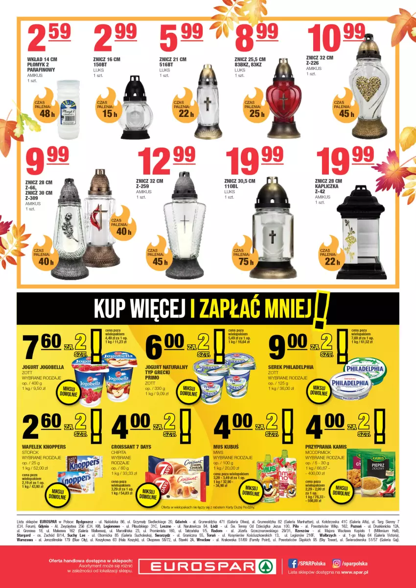 Gazetka promocyjna Spar - EuroSpar - ważna 21.10 do 31.10.2024 - strona 8 - produkty: 7 Days, Bell, Bella, Croissant, Dzieci, Fa, Gra, Jogobella, Jogurt, Jogurt naturalny, Kamis, Knoppers, Kosz, Kubuś, Mus, Oliwa, Philadelphia, Rum, Ser, Serek, Wafelek, Znicz, Zott