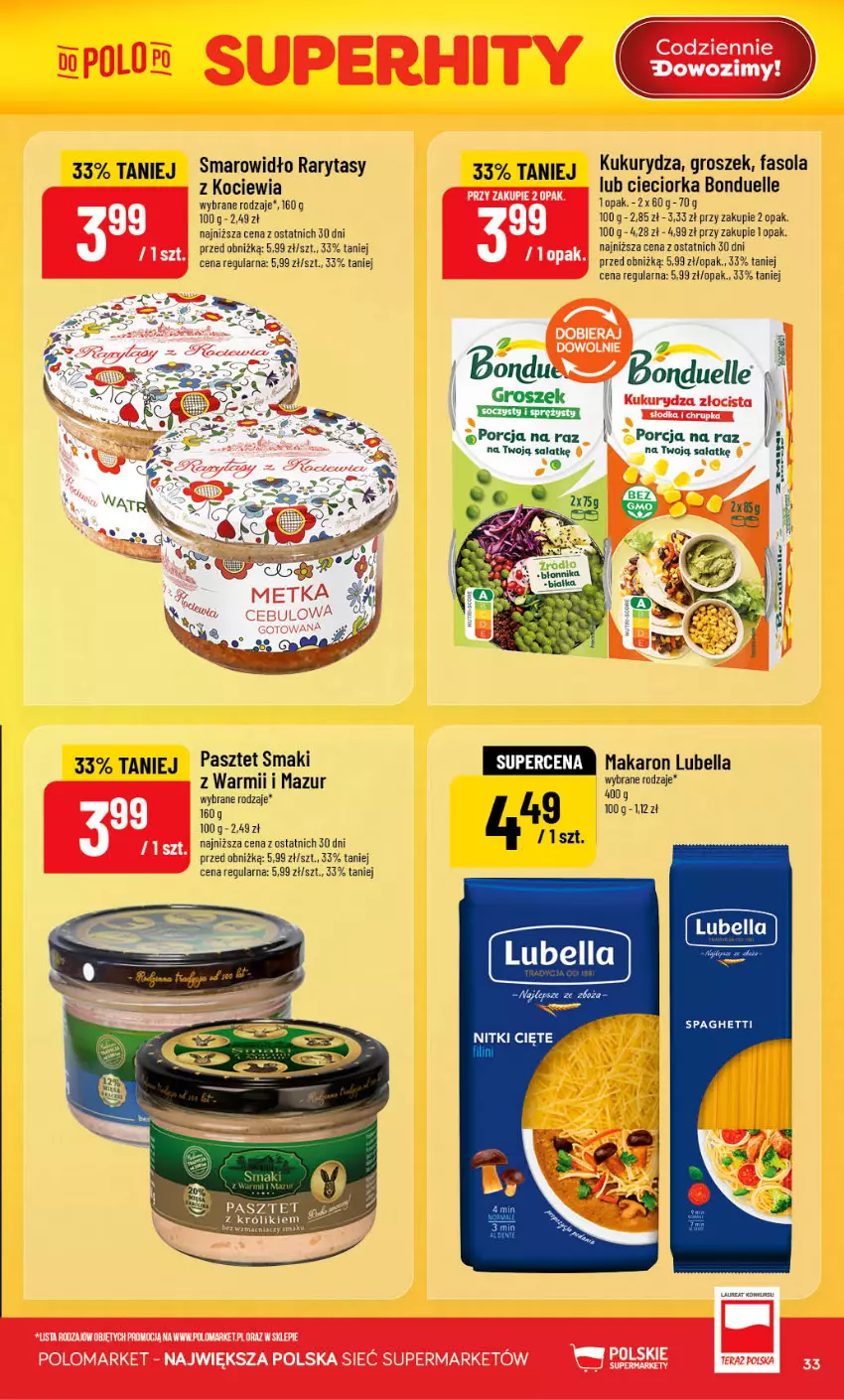Gazetka promocyjna PoloMarket - Gazetka POLOmarket - ważna 12.08 do 18.08.2026 - strona 33 - produkty: Bell, Bella, Bonduelle, Cieciorka, Fa, Fasola, Groszek, Koc, Królik, Kukurydza, Laur, Lubella, Makaron, Orka, Pasztet, Por, Sałat, Spaghetti