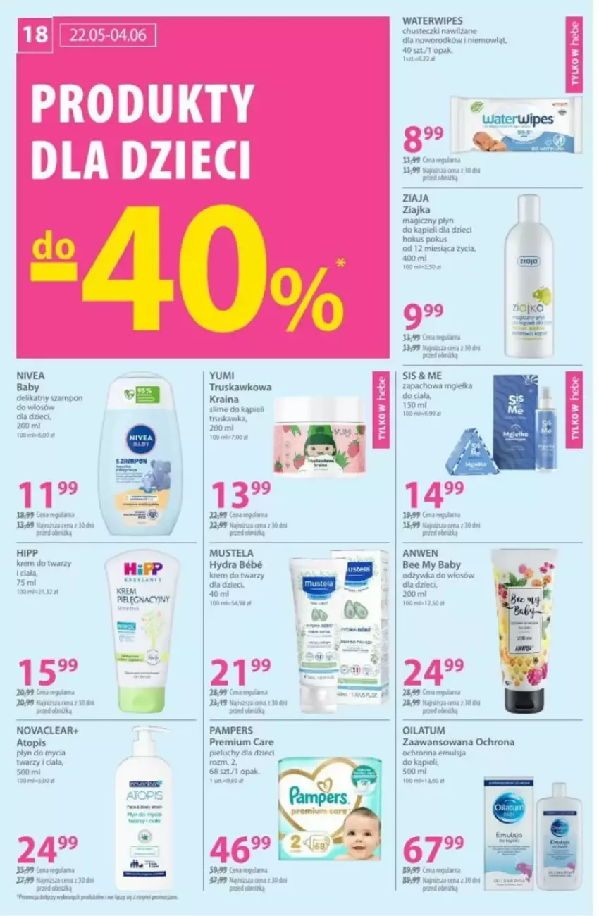 Gazetka promocyjna Hebe - ważna 22.05 do 04.06.2025 - strona 10 - produkty: Chusteczki, Dzieci, Emulsja, Fa, HiPP, Krem do twarzy, LG, Mus, Mustela, Nivea, Odżywka, Oilatum, Pampers, Pieluchy, Płyn do kąpieli, Płyn do mycia, Tera, Top, Ziaja, Ziajka