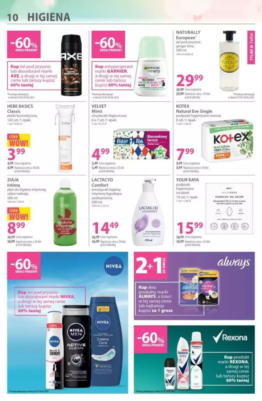 Gazetka promocyjna Hebe - ważna 22.05 do 04.06.2025 - strona 2 - produkty: Chusteczki, Fa, Kotek, Lactacyd, Mola, Nivea, Rexona, Velvet, Ziaja
