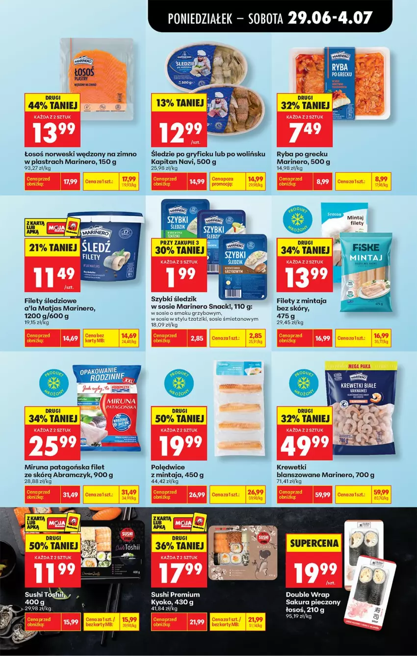 Gazetka promocyjna Biedronka - Od Poniedziałku - ważna 29.06 do 04.07.2026 - strona 45 - produkty: Gry, Krewetki, Matjas, Mintaj, Miruna, Piec, Ryba, Ryba po grecku, Sos, Sushi, Tago