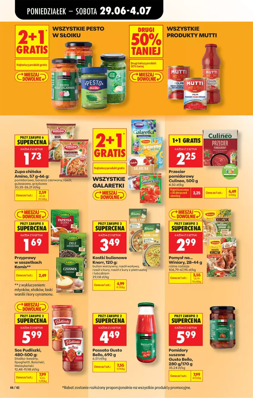 Gazetka promocyjna Biedronka - Od Poniedziałku - ważna 29.06 do 04.07.2026 - strona 54 - produkty: Bell, Bulion, Gala, Galaretki, Gra, Kamis, Knorr, Lion, Pesto, Pomidory, Por, Przyprawy, Pudliszki, Rosół, Rosół wołowy, Sos, Spaghetti, Winiary, Ziele angielskie, Zupa
