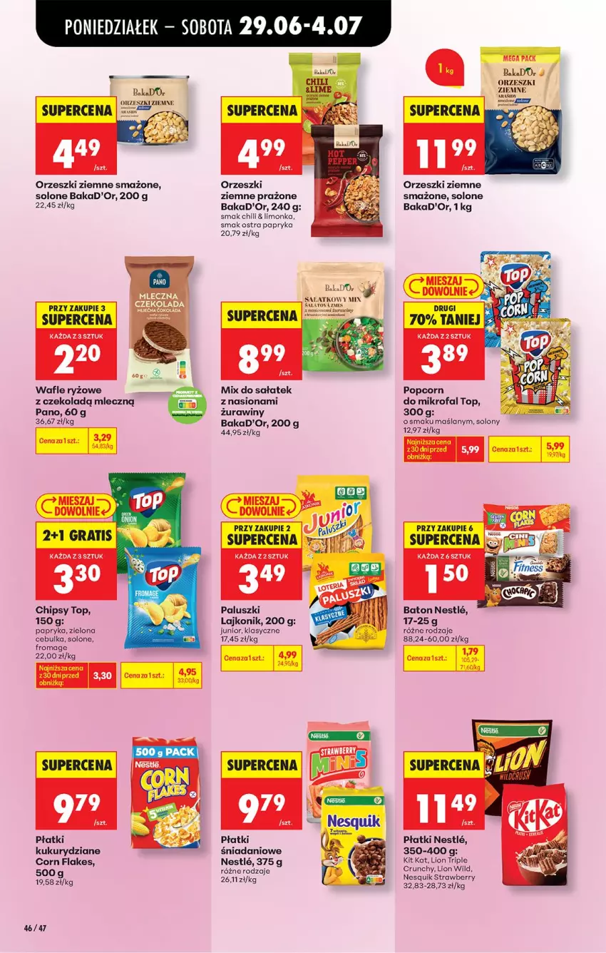 Gazetka promocyjna Biedronka - Od Poniedziałku - ważna 29.06 do 04.07.2026 - strona 58 - produkty: Baton, Chipsy, Corn flakes, Danio, Fa, Gra, Kit Kat, Lajkonik, Limonka, Lion, Nesquik, Orzeszki, Orzeszki ziemne, Papryka, Popcorn, Ryż, Sałat, Top, Wafle