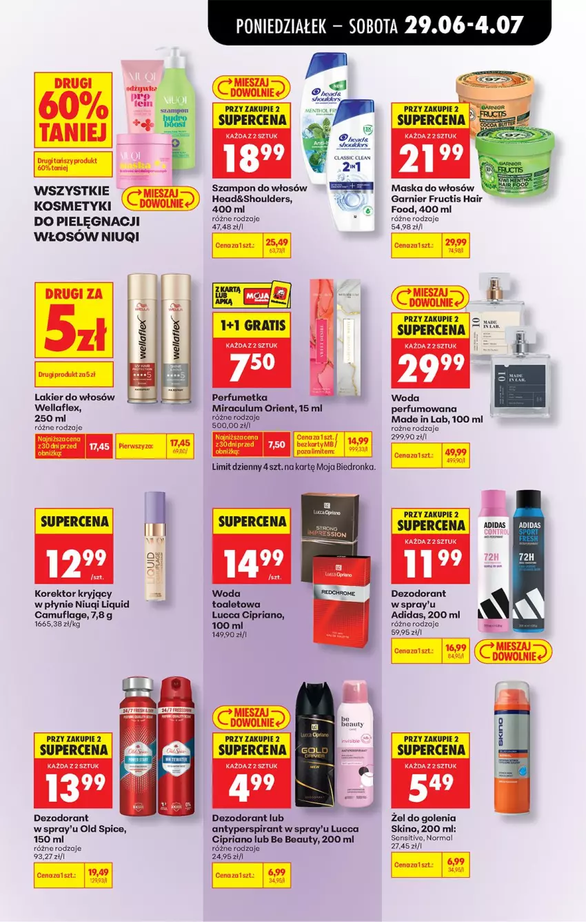 Gazetka promocyjna Biedronka - Od Poniedziałku - ważna 29.06 do 04.07.2026 - strona 69 - produkty: Adidas, Antyperspirant, Be Be, Dezodorant, Fructis, Garnier, Lakier, Lakier do włosów, Maska, Maska do włosów, Niuqi, Old Spice, Perfum, Szampon, Wella, Wellaflex, Woda, Woda perfumowana, Woda toaletowa