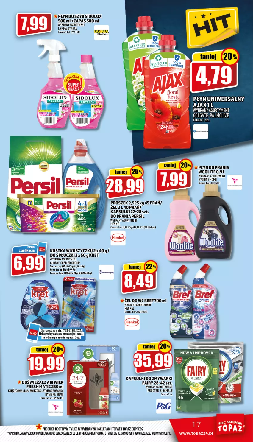 Gazetka promocyjna Topaz - Gazetka - ważna 17.03 do 23.03.2022 - strona 17 - produkty: Air Wick, Ajax, Bref, Colgate, Fa, Fairy, Kosz, Kret, LG, Palmolive, Persil, Płyn do prania, Płyn do szyb, Por, Sidolux, Sok, Top, Woolite, Zmywarki