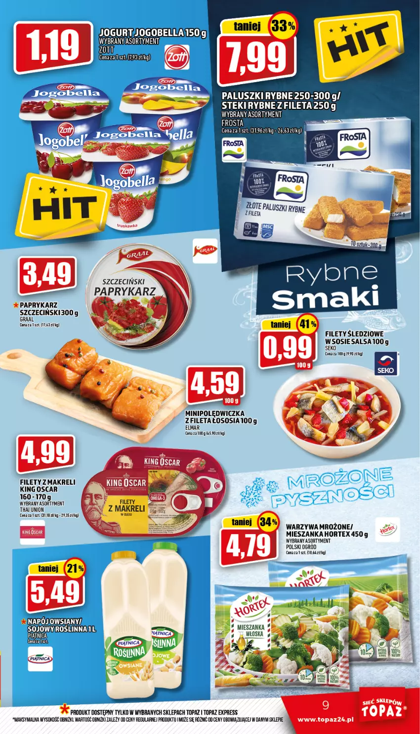 Gazetka promocyjna Topaz - Gazetka - ważna 17.03 do 23.03.2022 - strona 9 - produkty: Arnica, Bell, Bella, Frosta, Hortex, Jogobella, Jogurt, Ogród, Paluszki rybne, Papryka, Paprykarz, Rum, Salsa, Sok, Sos, Stek, Top, Warzywa