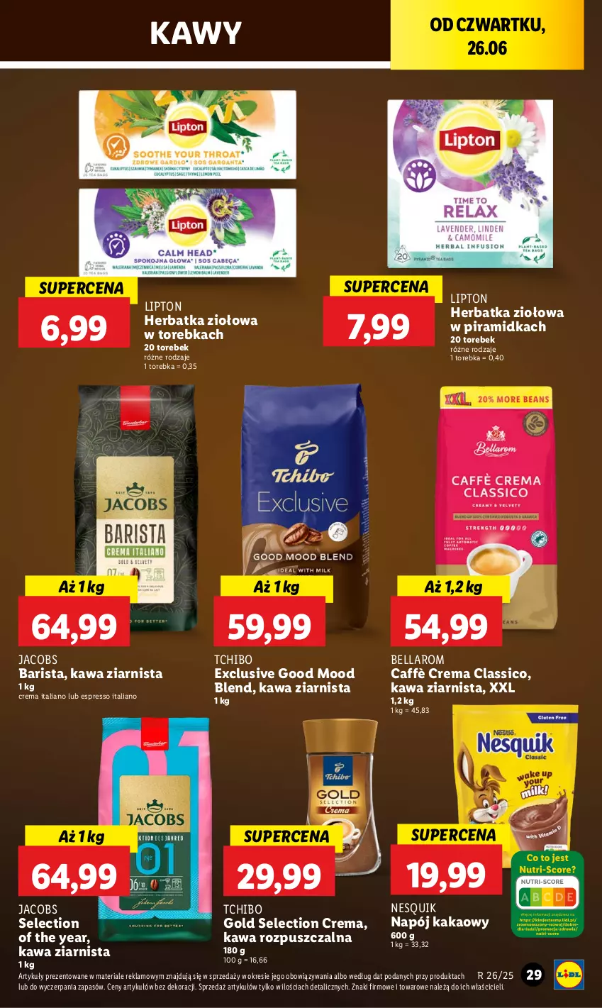 Gazetka promocyjna Lidl - GAZETKA - ważna 26.06 do 29.06.2025 - strona 35 - produkty: Bell, Bella, Jacobs, Kakao, Kawa, Kawa rozpuszczalna, Kawa ziarnista, Lipton, Napój, Nesquik, Tchibo, Torebka