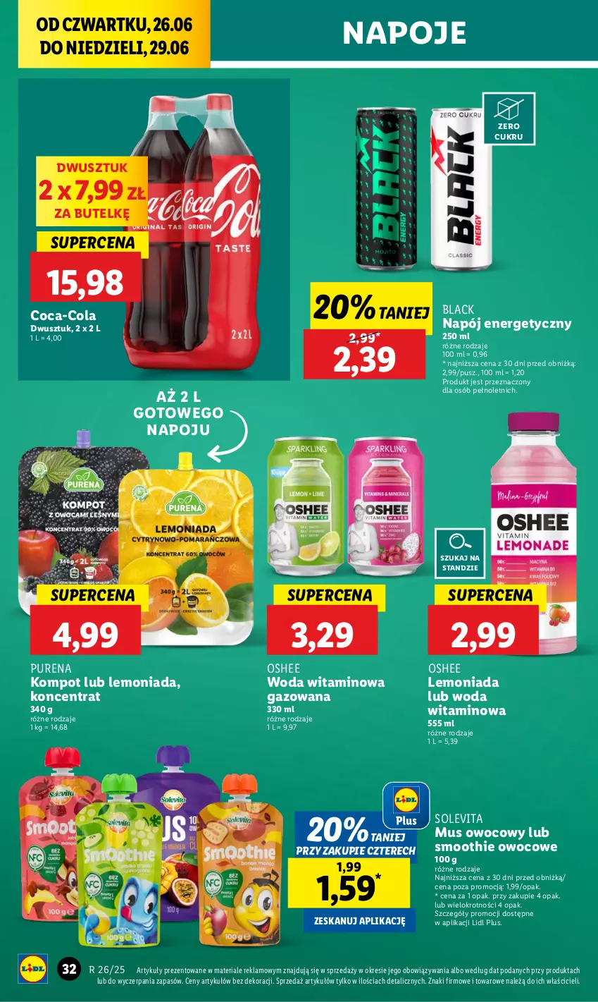 Gazetka promocyjna Lidl - GAZETKA - ważna 26.06 do 29.06.2025 - strona 40 - produkty: Coca-Cola, Lack, Lemoniada, Mus, Napój, Napój energetyczny, Napoje, Oshee, Pur, Smoothie, Woda