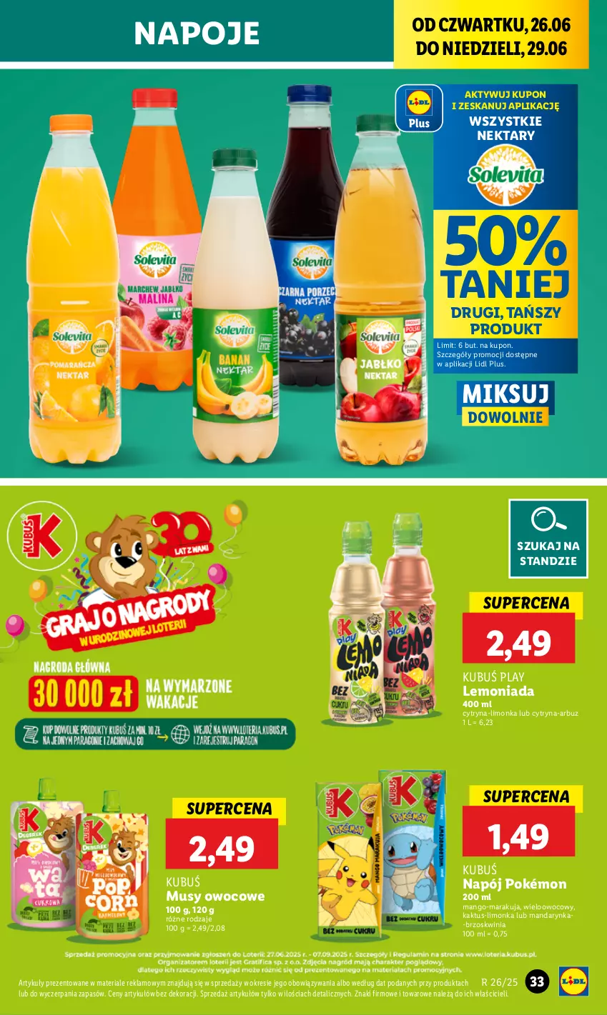 Gazetka promocyjna Lidl - GAZETKA - ważna 26.06 do 29.06.2025 - strona 41 - produkty: Arbuz, Kaktus, Kubuś, Lemoniada, Limonka, Mango, Mus, Napój, Napoje, Nektar, Pokémon