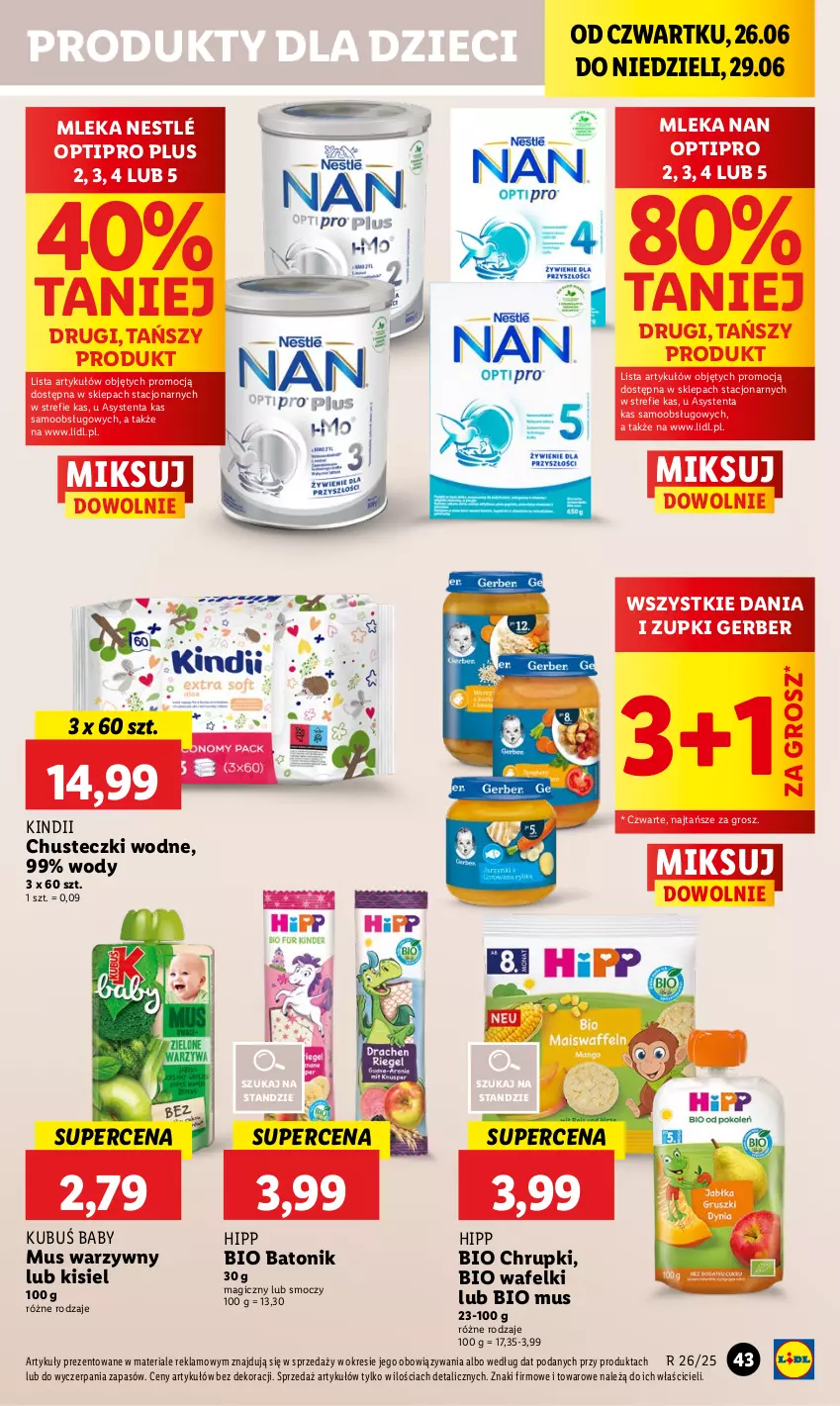 Gazetka promocyjna Lidl - GAZETKA - ważna 26.06 do 29.06.2025 - strona 53 - produkty: Baton, Bio Batonik, Chrupki, Chusteczki, Dzieci, Gerber, HiPP, Hipp Bio, Kindii, Kisiel, Kubuś, Mus, NAN Optipro, Nestlé, Tonik