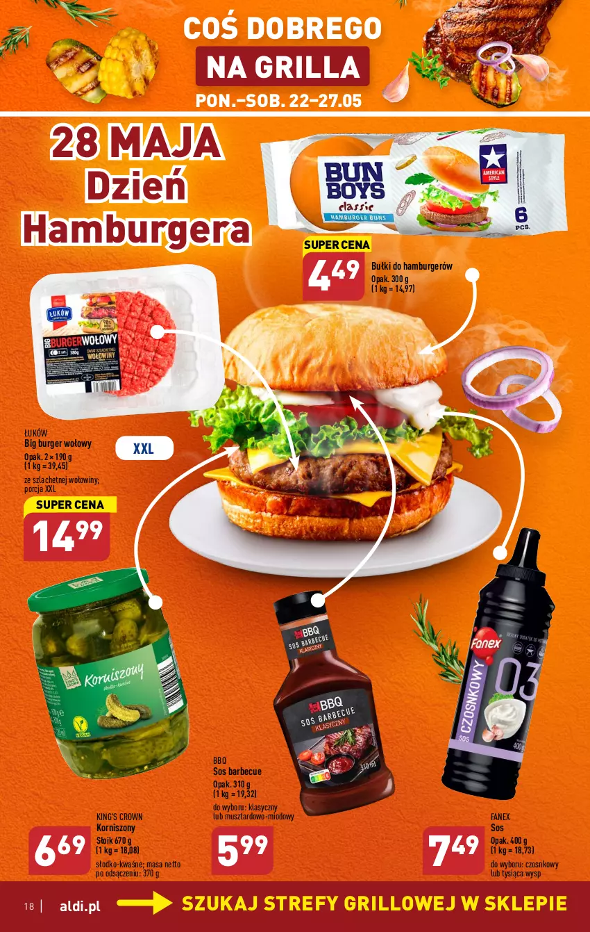 Gazetka promocyjna Aldi - Pełen katalog - ważna 22.05 do 27.05.2023 - strona 18 - produkty: Burger, Fa, Grill, Hamburger, Korniszony, Mus, Por, Sos