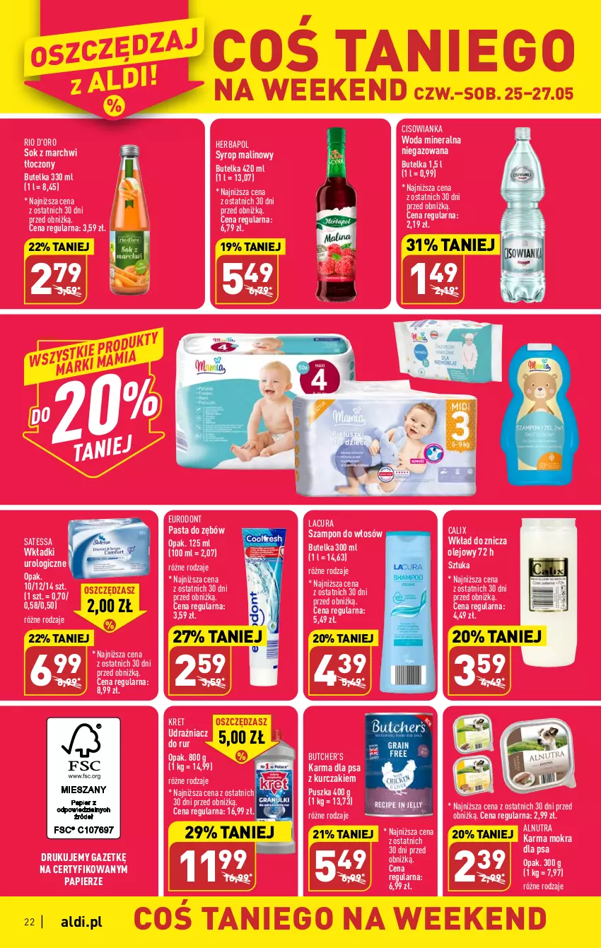 Gazetka promocyjna Aldi - Pełen katalog - ważna 22.05 do 27.05.2023 - strona 22 - produkty: Butcher's, Cisowianka, Herbapol, Kret, Kurczak, Olej, Papier, Pasta do zębów, Sok, Syrop, Szampon, Wkładki, Wkładki urologiczne, Woda, Woda mineralna, Znicz