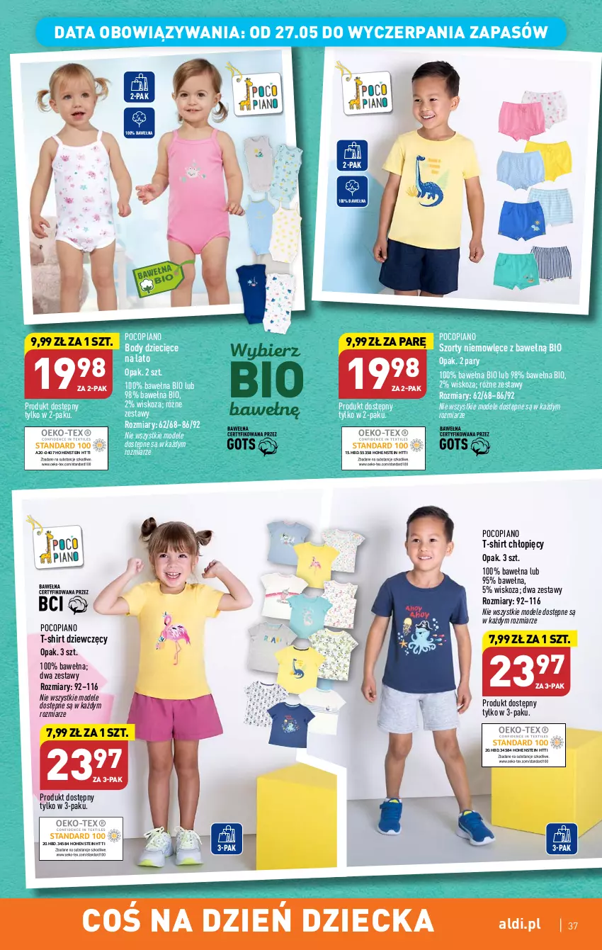 Gazetka promocyjna Aldi - Pełen katalog - ważna 22.05 do 27.05.2023 - strona 37 - produkty: Body, Dzieci, Pocopiano, Szorty, T-shirt, Wełna