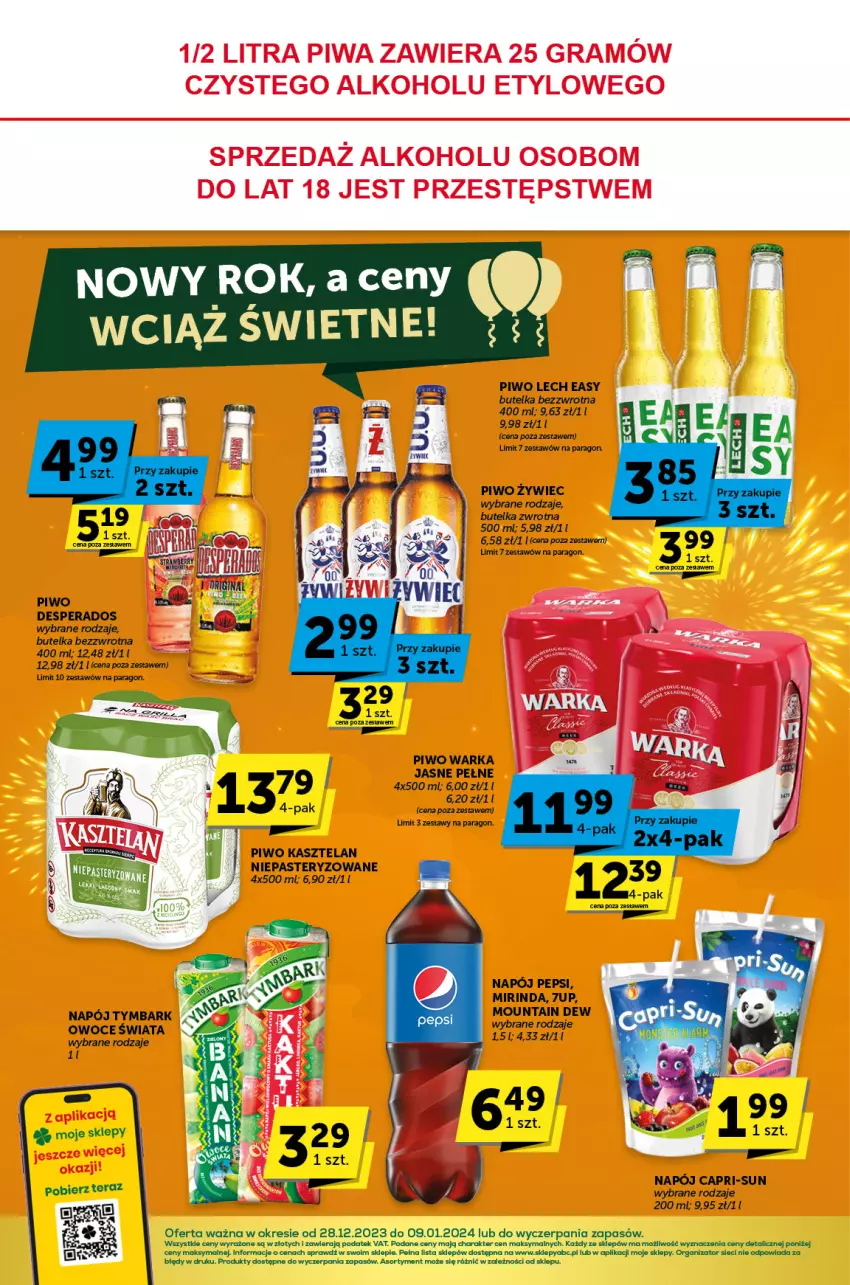 Gazetka promocyjna ABC - ważna 28.12.2023 do 09.01.2024 - strona 4 - produkty: 7up, Desperados, Kasztelan, Mirinda, Napój, Owoce, Pepsi, Piwo, Tera, Tymbark, Warka