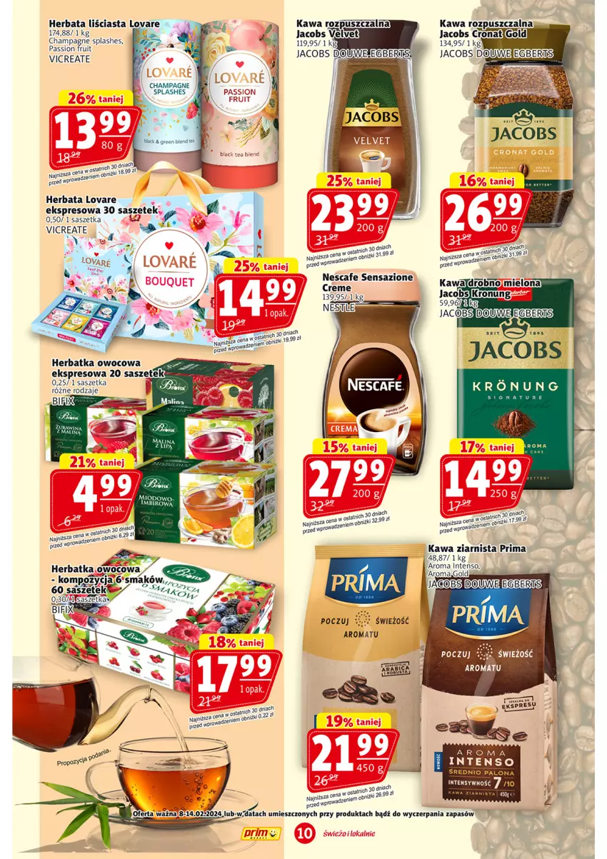 Gazetka promocyjna Prim Market - ważna 08.02 do 14.02.2024 - strona 10 - produkty: Herbata, Jacobs, Kawa, Kawa ziarnista, Prima