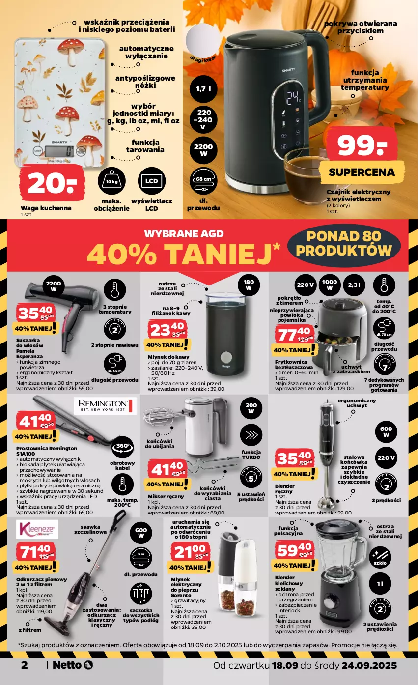 Gazetka promocyjna Netto - Od Czwartku Przemysłowa - ważna 18.09 do 24.09.2025 - strona 2 - produkty: Blender, Blender ręczny, Czajnik, Czajnik elektryczny, Gra, LG, Mikser, Mikser ręczny, Młynek, Młynek do kawy, Odkurzacz, Piec, Pieprz, Pojemnik, Pokrywa, Remington, Ser, Silan, Suszarka, Szczotka, Top, Waga