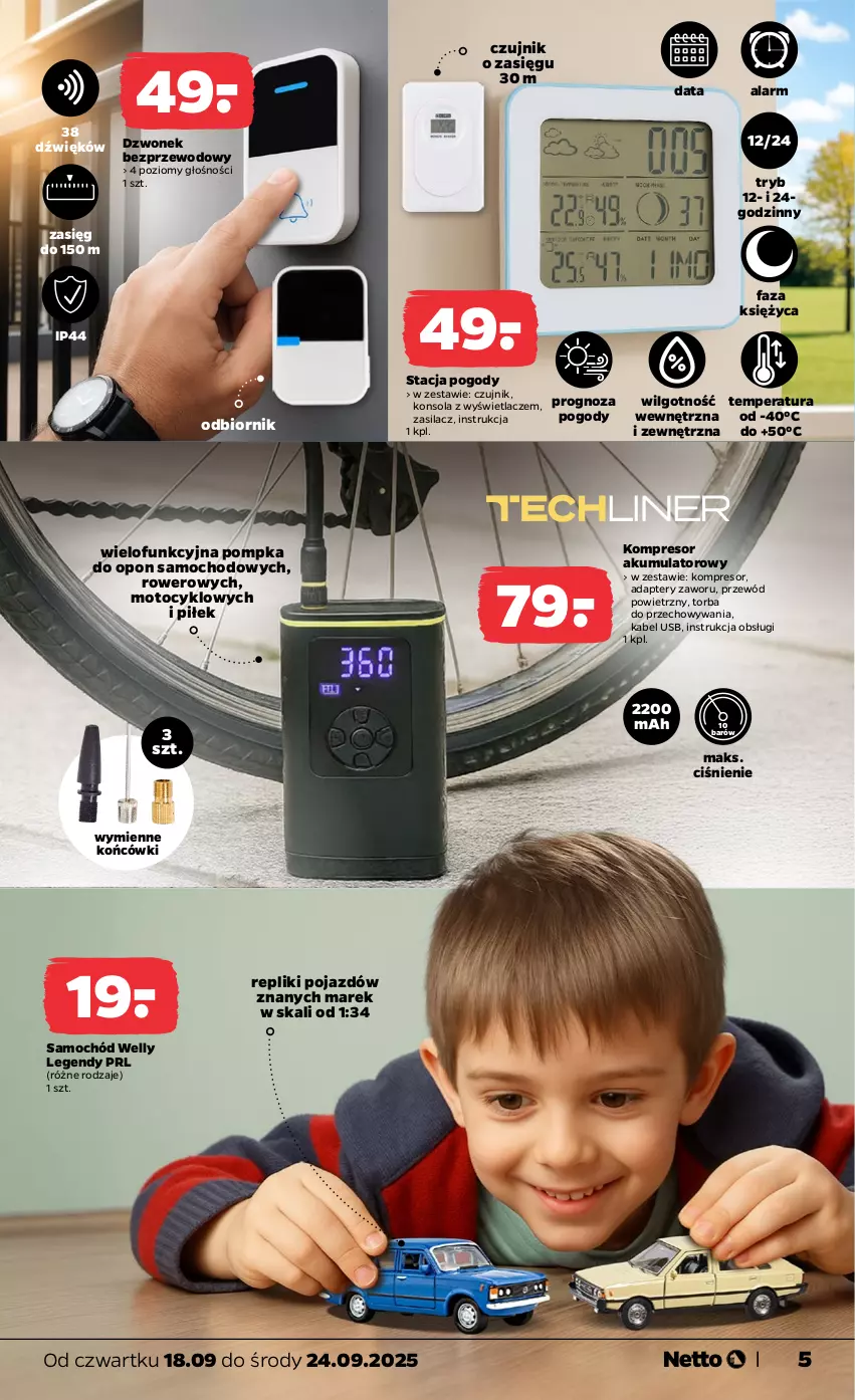 Gazetka promocyjna Netto - Od Czwartku Przemysłowa - ważna 18.09 do 24.09.2025 - strona 5 - produkty: Akumulator, Dzwonek, Fa, Kabel USB, Kompresor, Konsola, LG, Pojazd, Pompka, Przewód, Rower, Samochód, Torba
